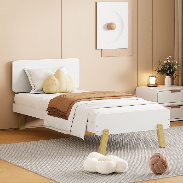 lit simple enfant - sommier à lattes - tête et pied de lit uniques - pin - pieds décoratifs en bois - blanc 90x190 cm
